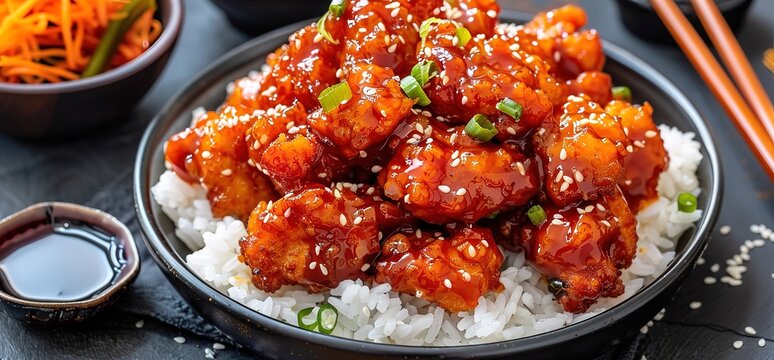 Close up of a plate of orange chicken with rice and sesame seeds. A small bowl of soy sauce and a bowl of carrots are in the background.
