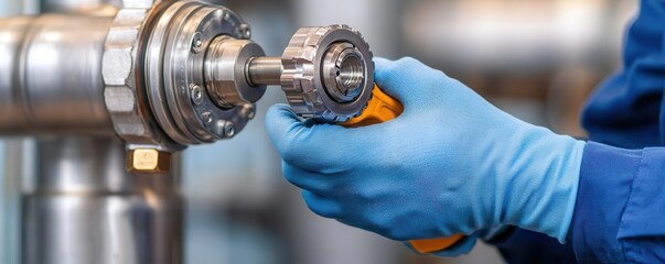 A closeup of a technician s gloved hand tightening a valve with a torque wrench