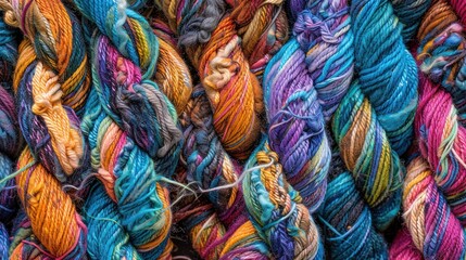 A close-up shot of a skein of hand-spun Mexican rug yarn, showcasing its intricate texture and rich hues.