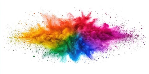 Colorful explosion of Holi powder creating a rainbow effect on a wide white background.