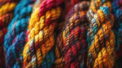 A close-up shot of a skein of hand-spun Mexican rug yarn, showcasing its intricate texture and rich hues.