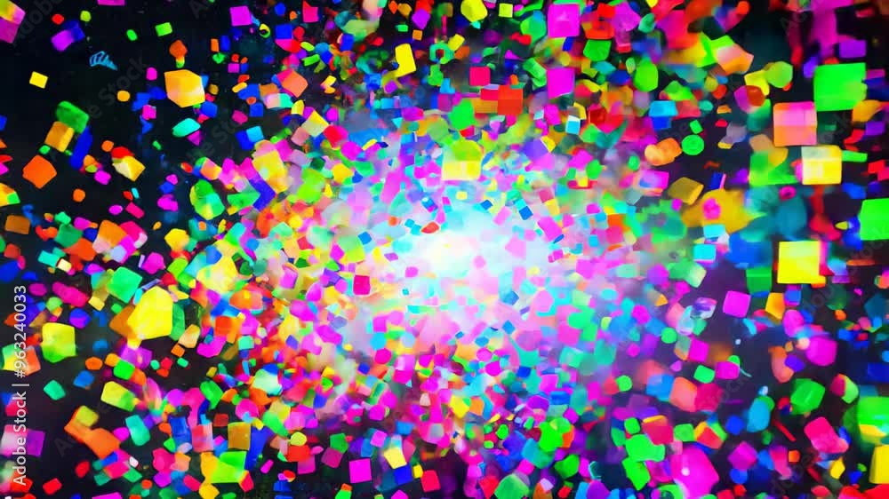 Poster vibrant explosion of colorful cubes floating and scattering in different directions against a dark b