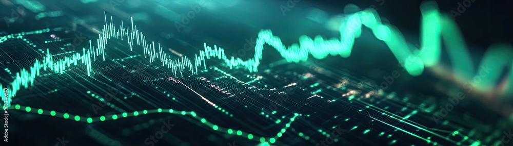Aufkleber dynamic digital chart illustrating financial data trends with vibrant green lines and waveforms depi