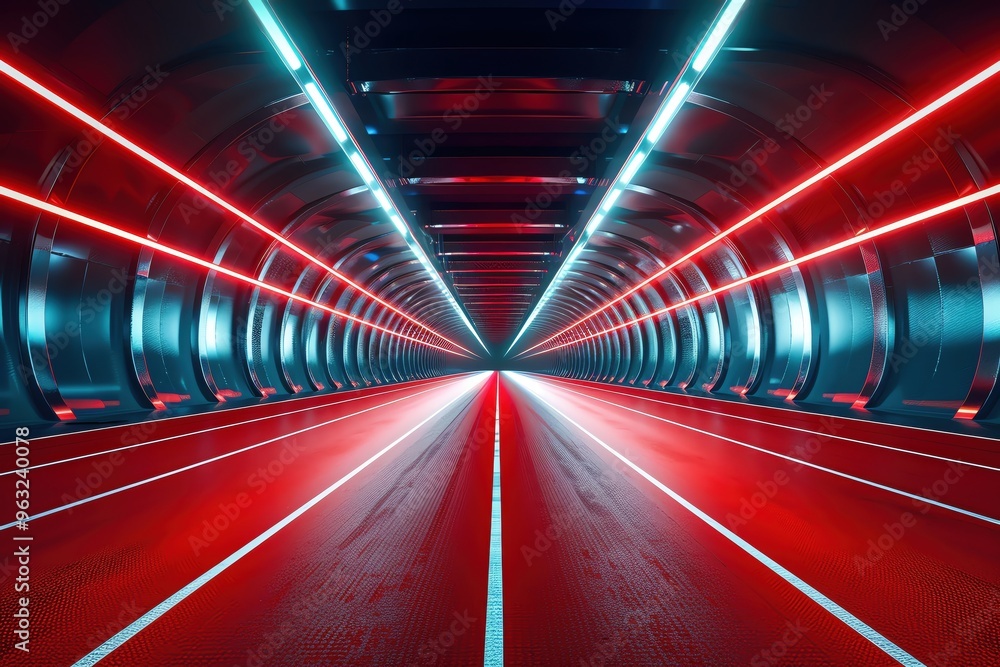 Poster futuristic tunnel illuminated with vibrant red and blue lights leading towards a bright endpoint, cr