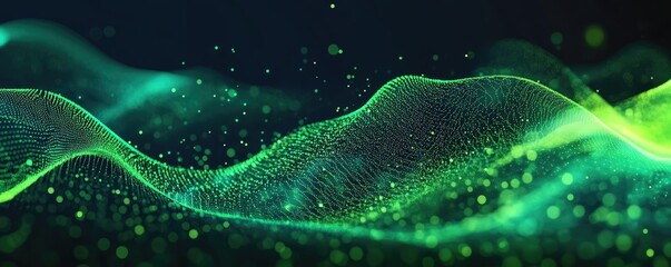 A mesmerizing abstract wave of green light and particles, creating a dynamic and calming digital landscape.