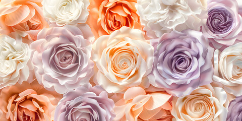 Pastel rose background with soft textures and detailed petals in peach and lavender