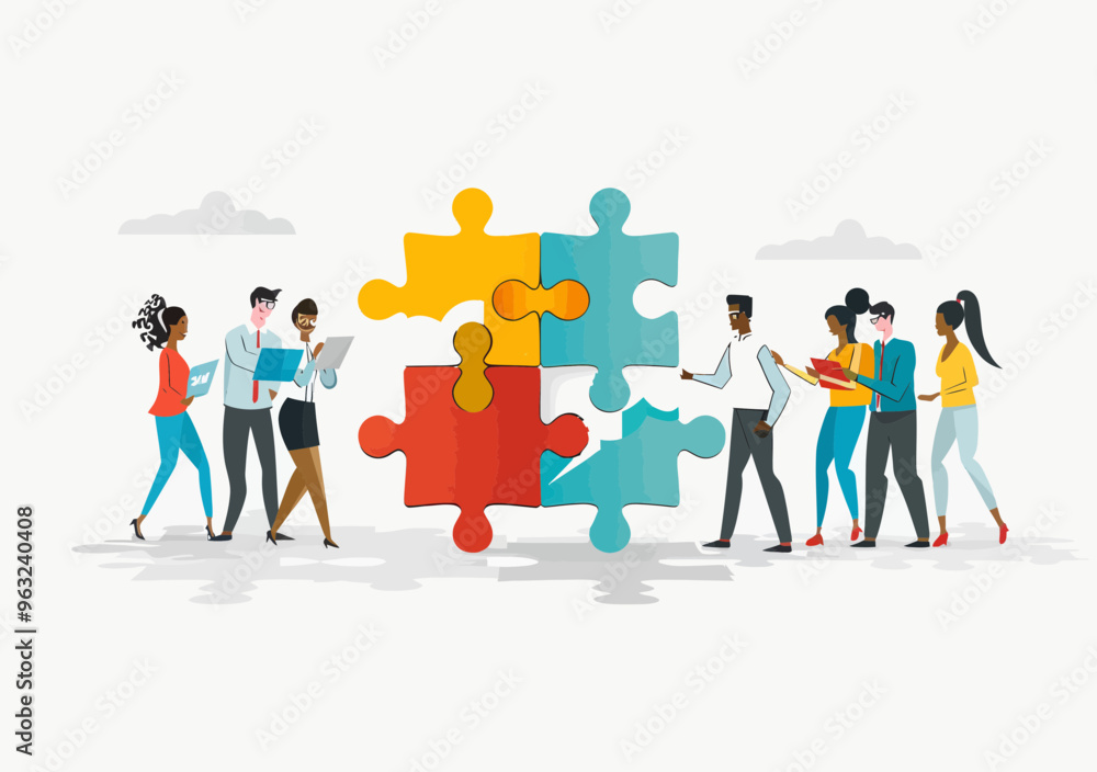 Poster business team building collaborative path with puzzle pieces minimalistic vector illustration concep