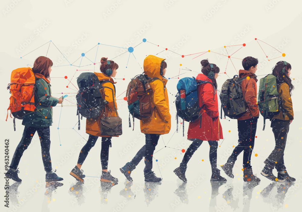 Poster digital illustration of friends in an online social network communication concept showing vector art
