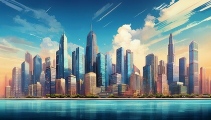 Fototapeta premium A city full of skyscrapers, tall buildings by the body of water