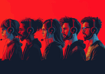 Diverse Online Technical Support Team in Call Center Providing Customer Service with Headsets - Vibrant Minimalistic Vector Illustration