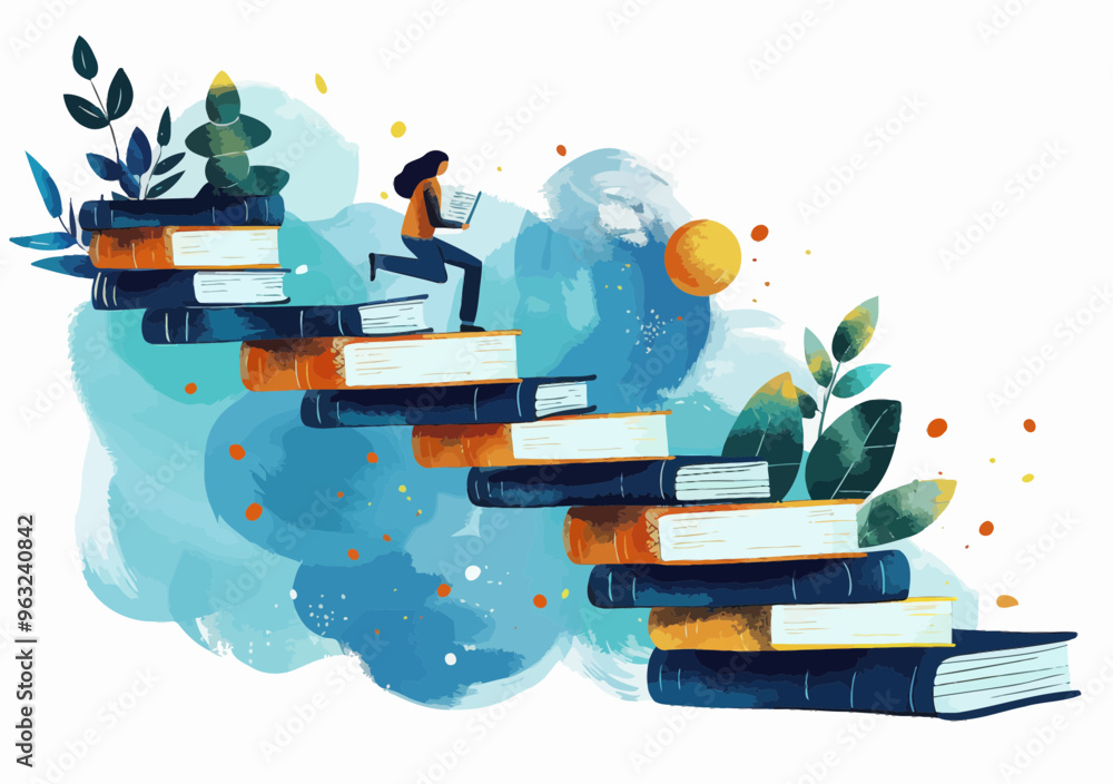 Poster steps to knowledge: minimalistic vector illustration of person climbing stack of books in minimalist