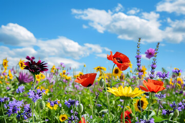 Obraz premium Vibrant wildflowers in a scenic flower field stretching to the horizon under a clear blue sky creating a tranquil view