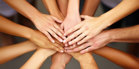 A group of people demonstrating teamwork by stacking their hands.