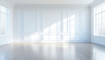 A large, empty room with white walls and wooden floors