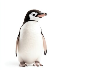 Fototapeta premium A charming penguin stands gracefully against a white background, showcasing its distinctive features and playful spirit.