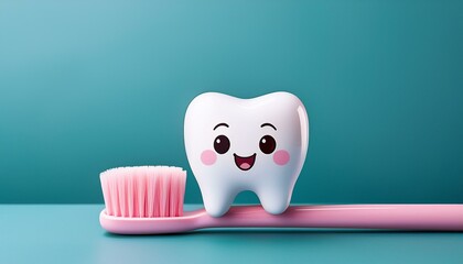 Fototapeta premium 歯ブラシの上に乗っているカワイイ歯のキャラクター（A cute tooth character sitting on a toothbrush） 