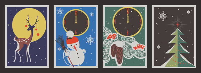 Merry Christmas and Happy New Year Retro Style Greeting Cards. XMAS Decorations, Spruce Branch, Fir Cones, Snowman, Reindeer, Wall Clock, Snowflakes. 1950s - 1960s Style Christmas Illustrations © koyash07