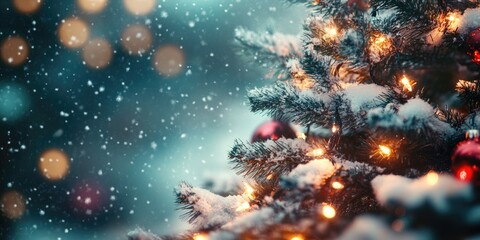 Fototapeta premium Blurred Christmas winter background featuring a snow-decorated tree with garland lights. Ideal for holiday-themed widescreen designs.