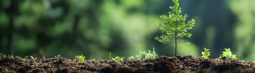 A single sapling grows in the rich soil of a forest.