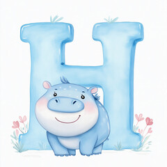 Png, alphabet uppercase letter H for hippopotamus, Letter H uppercase cute children colorful animals ABC, white background