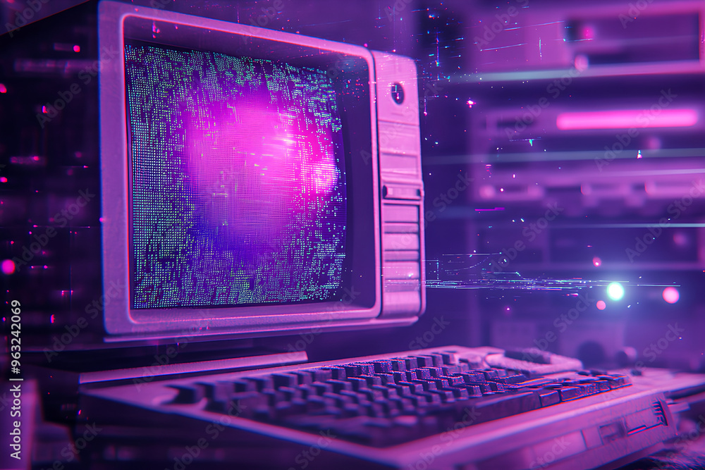 Poster a vintage computer with a glowing screen in a retro-futuristic setting.