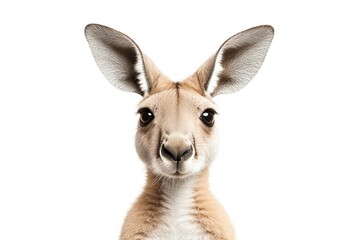 Obraz premium A close-up portrait of a kangaroo with big ears and bright expression, showcasing its unique features against a white background.