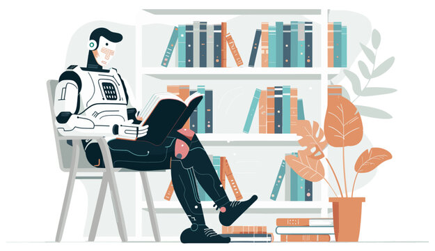 Artificial intelligence android robot reading book in library for machine learning process