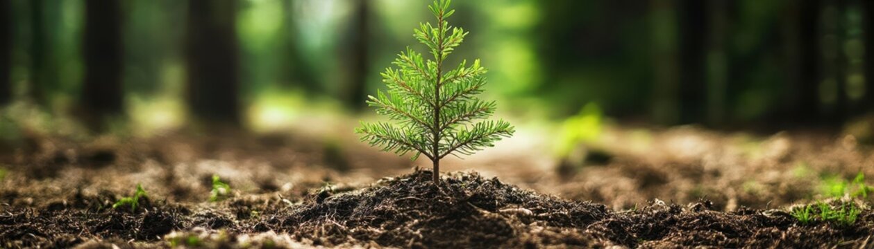 A small pine sapling grows in a forest.  The background is blurred.