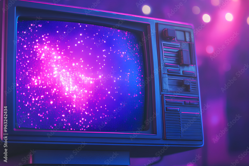 Poster a vintage computer with a glowing screen in a retro-futuristic setting.