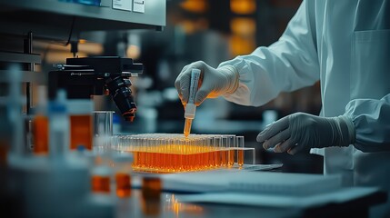  Researcher in lab coat works with test tubes filled with orange liquid, conducting experiments in sterile laboratory environment for scientific study.