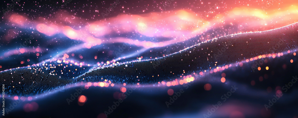 Poster colorful waves undulate across a digital canvas, illuminated by scattered glowing particles, creatin