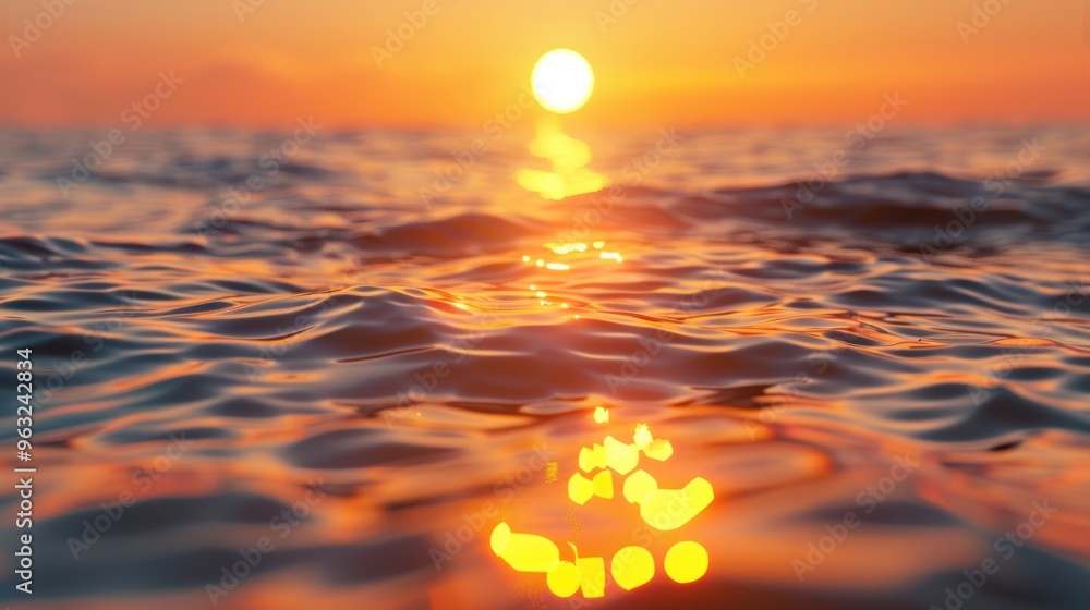 Poster a close-up view of the sun setting below the horizon, reflecting off the rippling water surface and 