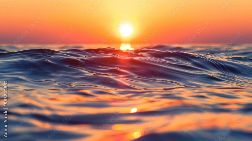 Poster a close-up view of the sun setting below the horizon, reflecting off the rippling water surface and 