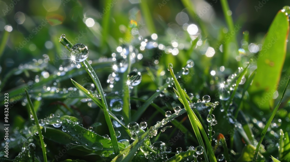 Poster a cluster of dewdrops sparkling like diamonds on a patch of grass, captured in a close-up macro phot