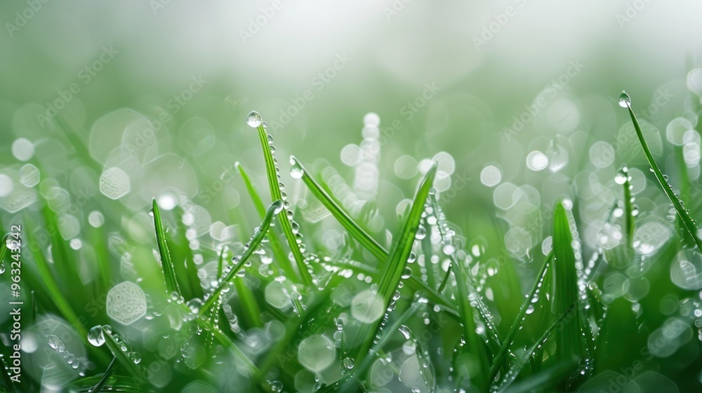 Poster a cluster of dewdrops sparkling like diamonds on a patch of grass, captured in a close-up macro phot