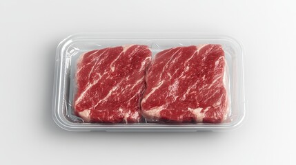 Blank transparent plastic tray with beef mockup, top view, 3d rendering. Empty cellophane or foil packaging for red meat mock up, isolated. Clear market vacuum packaged for uncooked sirloin template