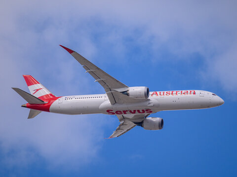 Vienna, Austria - September 07, 2024: Austrian Airlines Boeing 787-9 Dreamliner landing approach to Vienna Airport after performing a display on Air Power 2024 in Zeltweg, Austria.