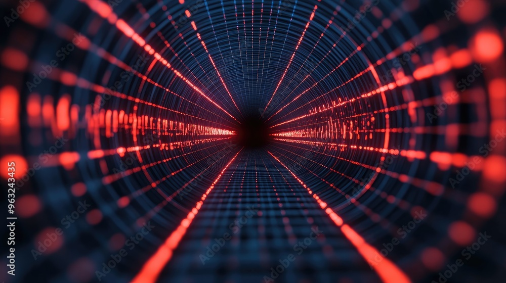 Poster a captivating abstract tunnel with vibrant red and blue lights, creating a futuristic and dynamic vi
