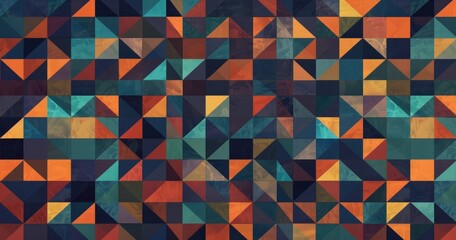 A colorful geometric pattern featuring a mix of triangles in various shades.