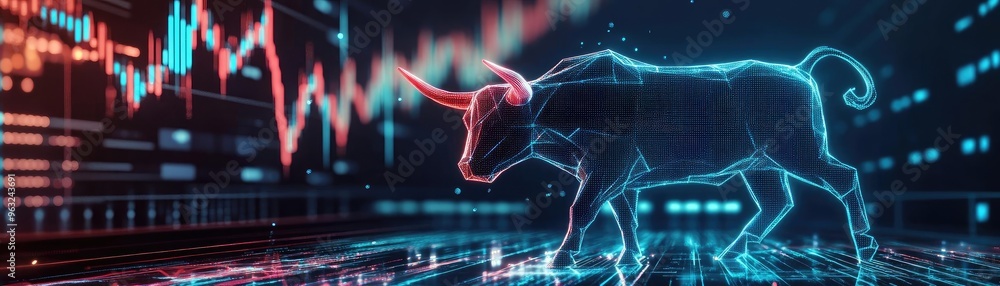 Poster dynamic bull market concept showcasing growth with an abstract background of financial data and glow