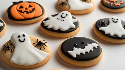 Obraz premium Halloween-themed cookies decorated with ghosts, pumpkins, and spiders, neatly arranged against a blank background emphasizing their festive designs.