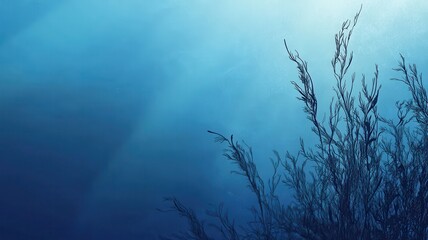 Underwater Scene with Sunlight Filtering Through Water and Seaweed in the Foreground