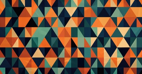 A colorful geometric pattern featuring various triangles in shades of orange, teal, and navy.