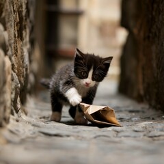 A Cinematic Medium Shot of a Stray Kitten Playing with a Fallen Leaf in an Alley