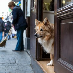 A Medium Shot of a Dog with a Fluffy Coat Peeking Around a Corner in a Crowded Street