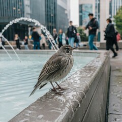 Another Photo of a Bird Perched on the Edge of a Public Fountain