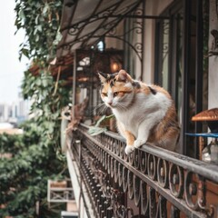 A Photo of a Calico Cat with a White Face and Orange-Grey Fur Sitting on a Fence Overlooking a Street