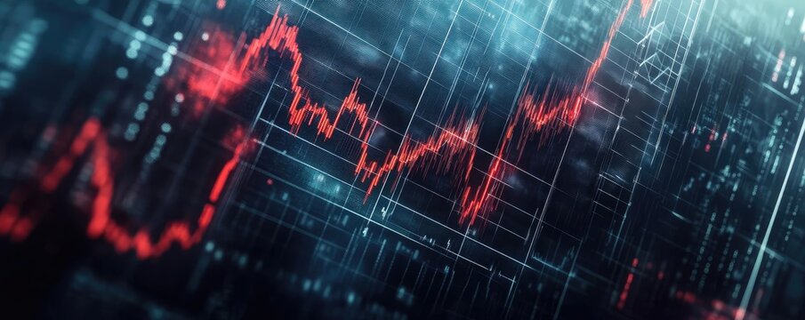 Dynamic financial chart depicting upward market trends with vivid red lines against a dark, tech-themed background.