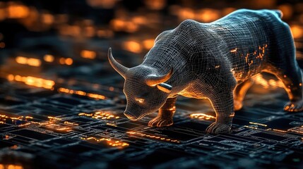 A glowing digital bull represents market growth and investment opportunities in a futuristic data landscape.