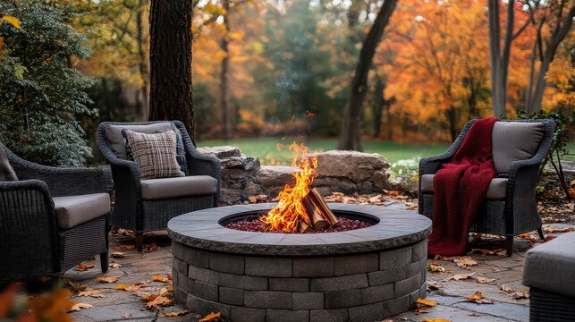  Outdoor fire pit surrounded by cozy seating and blankets, with fall foliage and warm fire, creating a welcoming autumn atmosphere.